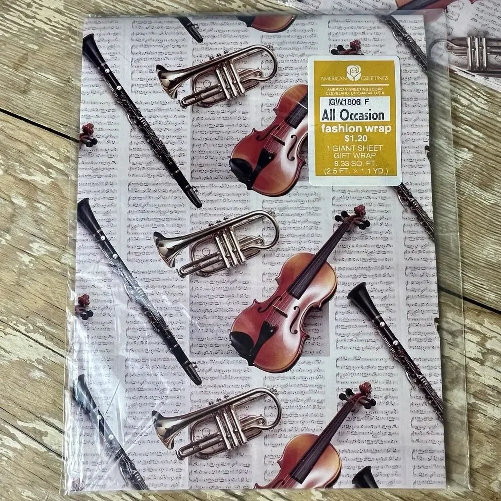 3 NOS Vintage American Greetings Music Gift Wrap Violin Trumpet Instruments